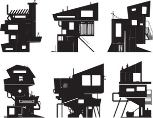 Set of building silhouettes for flat design. Hand drawn vector illustration