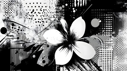 Minimalist abstract graphic design composition featuring a striking black and white floral...