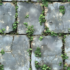 Seamless cracked stone pavement with green moss and small plants growing between the bricks