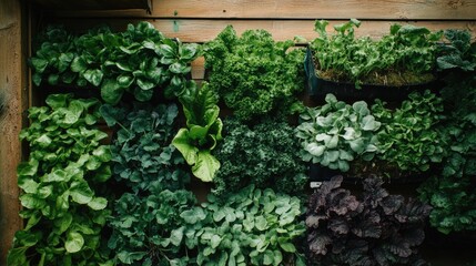 Vertical garden wall of leafy greens thriving outdoors, wooden background, healthy food concept
