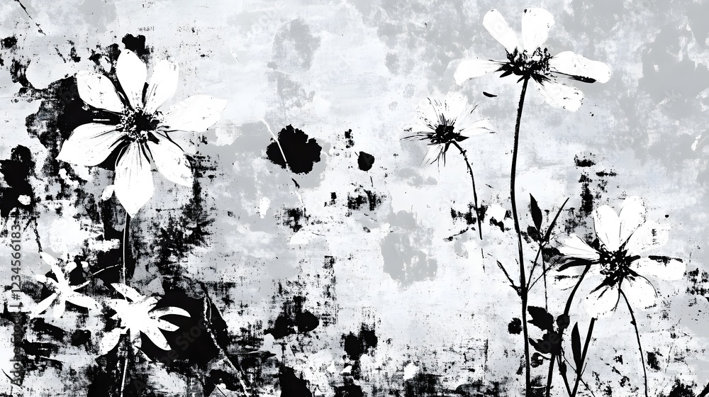 Poster Monochrome Abstract Dandelion Floral Sketch with Ink Splatter and Blot Patterns  Minimal modern and nature inspired digital with a dark moody and atmospheric aesthetic