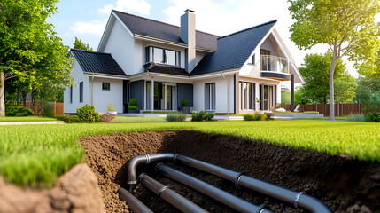 Modern house with underground piping system, showing home energy efficiency and sustainable living in a landscape with green lawn and trees
