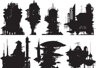 Obraz premium Set of building silhouettes for flat design. Hand drawn vector illustration