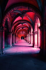 Obraz premium Hallway with arched windows and red lighting