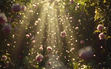 A magical spring garden filled with blooming cherry blossoms in soft pink hues. Petals float gently in the air as sunlight filters through the branches, creating a serene and romantic seasonal 