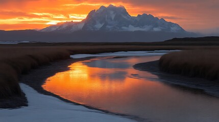 Fiery Sunset Reflecting on a Calm River with Snow-capped Mountains in the Background