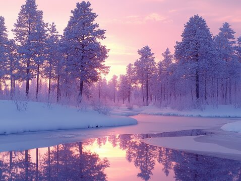 A magical winter forest covered in pristine snow, with frost glistening on the branches of tall evergreen trees. A frozen creek winds through the landscape, reflecting the soft pink and purple 