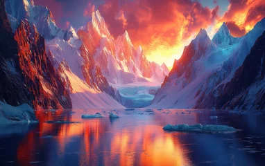 Fotobehang A majestic winter mountain range with peaks covered in fresh snow, glowing under the golden light of a sunrise. A frozen lake at the base reflects the warm hues of the sky, adding depth to the  © Junior