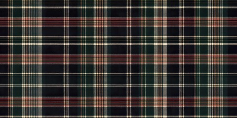Fototapeta premium Classic Plaid Pattern: A timeless and versatile dark plaid pattern featuring deep greens, burgundy, and creams against a black background. Perfect for various design applications. 