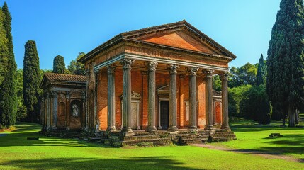 Italian temple in garden, sunny day, ancient ruins