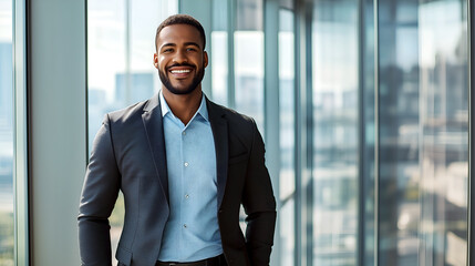 Confident smiling businessman in suit standing near large windows in modern office building looking at camera