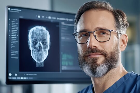 A medical professional with a beard is looking at the camera in front of a monitor displaying medical imaging of a human skull The monitor also has graphs and lines visible in the background The - Powered by Adobe