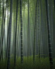 Fototapeta premium Tall bamboo stems in misty forest create serene atmosphere