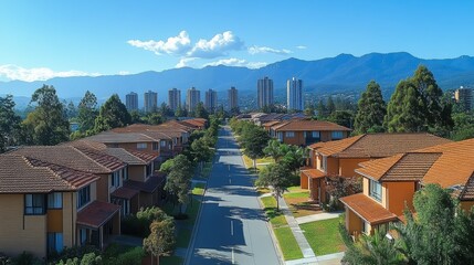 Fototapeta premium Aerial view of suburban street, houses, and distant mountains under a blue sky.