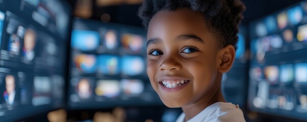 Discover Engaging Online Learning with Digital Tools A digital classroom featuring cutting-edge online tools for enhanced education, provides a fun and interactive experience Young student smiles