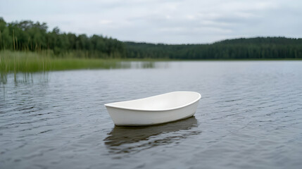 White bathtub floats on calm lake, forest background; serene nature scene