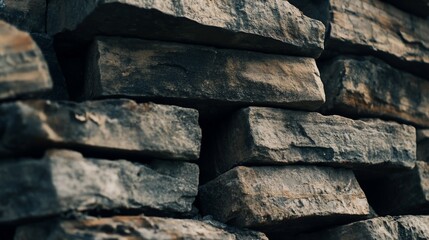 Close up view of a stacked rock wall shows its raw natural texture and composition