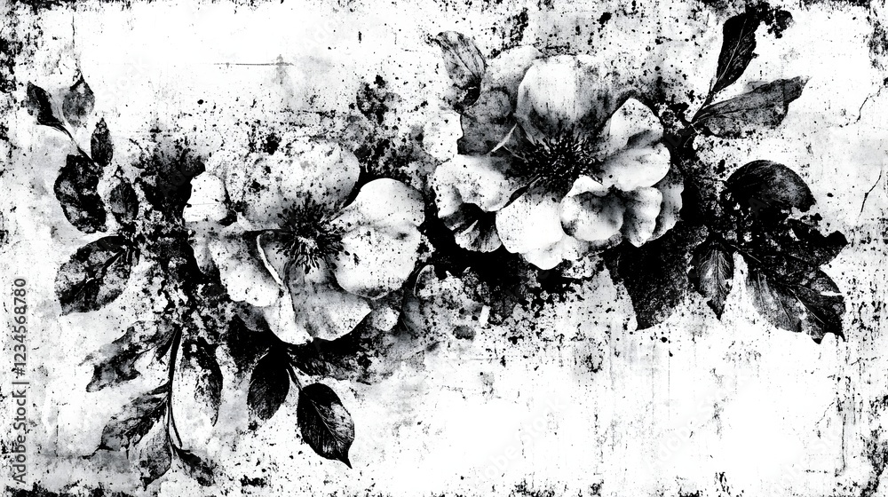 Poster monochrome vintage style floral sketch or drawing with delicate leaves petals and branches on a grun