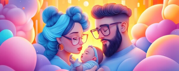 Discover the joy of modern family lifestyle with a young couple lovingly engaging with their newborn baby, while consulting essential parenting tips on a smartphone, a depiction of informed, loving