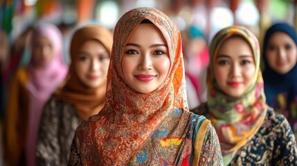 Fototapeta premium Smiling women in colorful hijabs, market setting