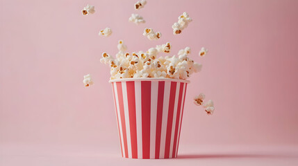Popcorn in red and white striped bucket against pink background