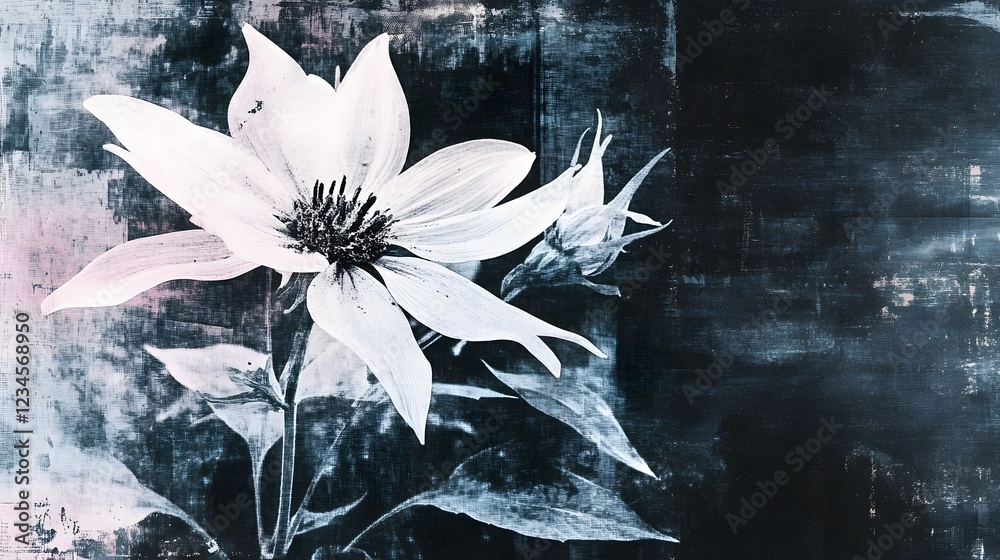 Poster moody and dramatic monochrome flower blossom with textured grungy and abstract background for elegan