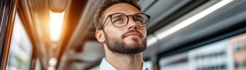 Obraz premium E-learning meets mobile technology A professional takes an online course using a tablet while commuting, the screen displaying dynamic learning materials A man wearing glasses and a light shirt is