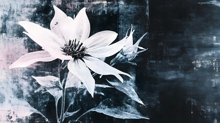 Moody and Dramatic Monochrome Flower Blossom with Textured Grungy and Abstract Background for...