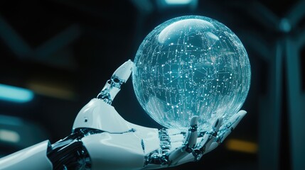 Robotic hand gently holding a glowing, translucent sphere, futuristic technology concept.