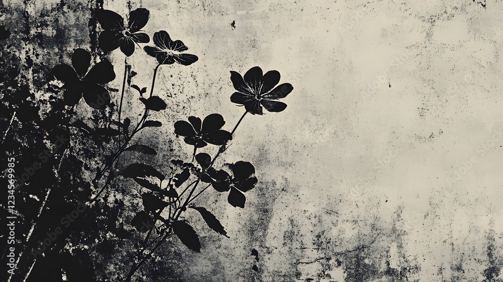 Aufkleber moody silhouetted floral foliage casting dramatic shadows against a grungy textured monochrome backd