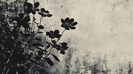 Moody silhouetted floral foliage casting dramatic shadows against a grungy textured monochrome...