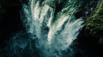 Aerial view of waterfall cascading into dark pool, lush green vegetation surrounds