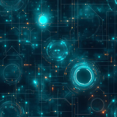 Obraz premium Seamless futuristic digital circuit pattern with glowing neon cyberpunk elements in a high-tech abstract sci-fi background