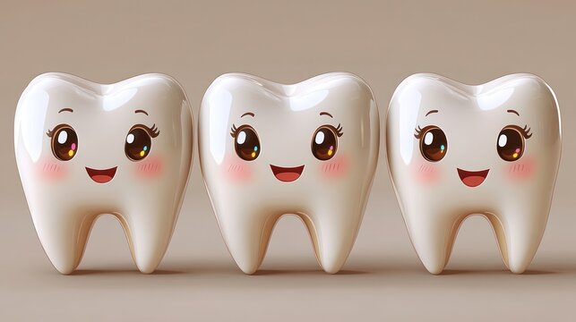 Cute cartoon teeth in a row against a pastel background. Use for children's dental health