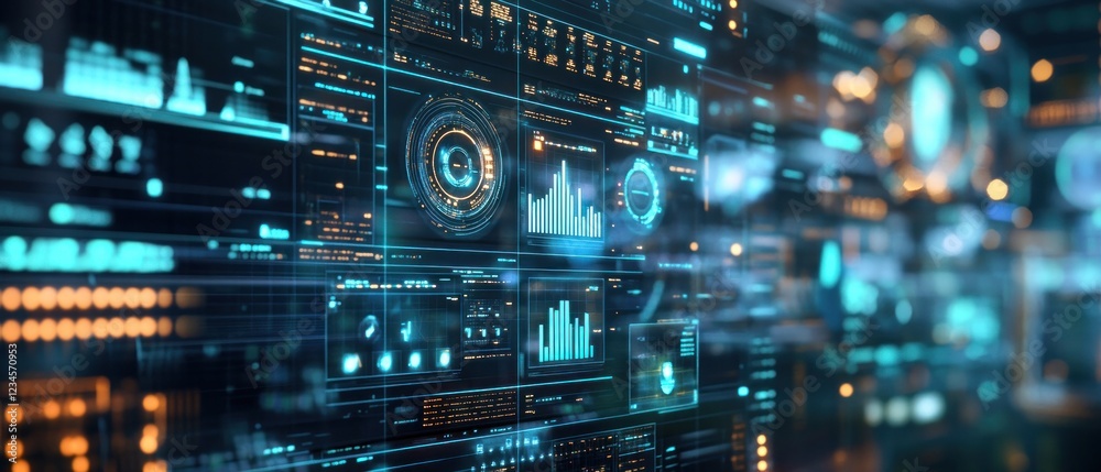 Poster futuristic data dashboard displaying analytics and graphs