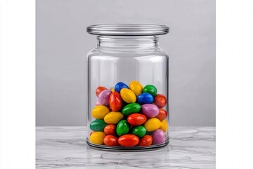 Colorful Candy Eggs in Glass Jar on Marble Table Surface