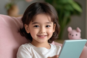 Explore engaging Smart Interactive Lessons A young child joyfully uses an augmented reality tablet to conquer complex math problems, animated characters bringing learning to life Experience