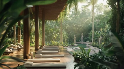 Outdoor yoga studio with multiple mats and statues in a lush tropical garden setting