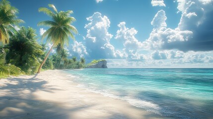 Obraz premium Idyllic tropical beach scene with palm trees, white sand, turquoise ocean, and sunny sky.