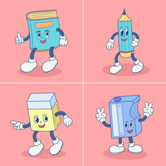 Playful Cartoon Stationery Characters collection ideal for educational materials or children's products.