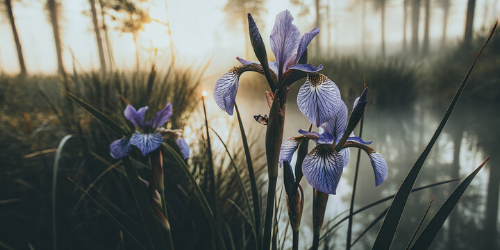 Macro photography of wild iris in wetland, purple flowers in misty morning