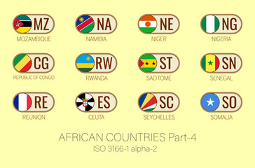 Set of vector illustrations of  ISO 3166 1 alpha 2 and flags of African countries. Part 4.
