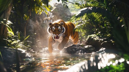 Tiger Roaring Near a Shimmering Jungle Pool