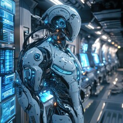 Fototapeta premium Futuristic humanoid robot in a high-tech corridor with screens