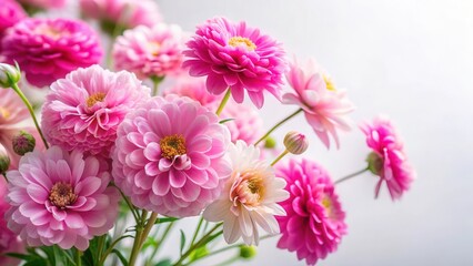 Obraz premium Colorful pink flowers with soft petals and delicate stems against a white background, creating a beautiful floral arrangement , blossoms, spring flowers