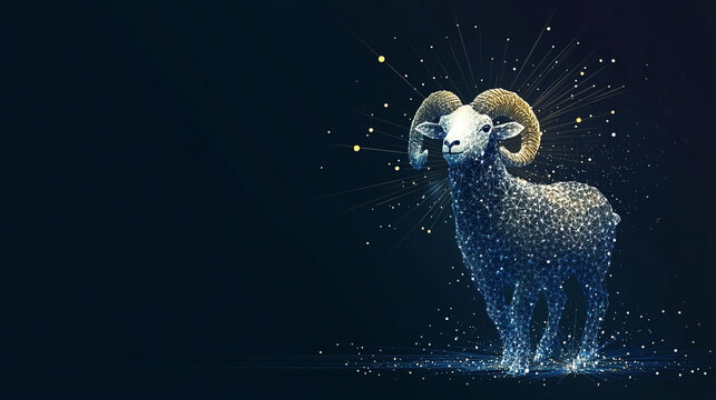 polygonal ram low poly digital art featuring geometric wireframe bighorn sheep in 3d model constellation style on a dark background connected points for modern illustration