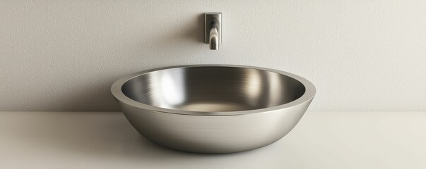 A sleek, modern stainless steel sink bowl with a minimalist faucet against a textured wall.