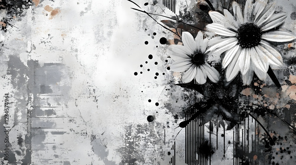 Poster Striking monochrome daisy flowers against a distressed textured abstract background with splattered paint effects and a style  This modern minimalist floral image has a bold