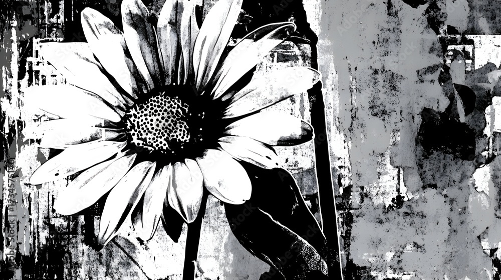 Poster striking monochrome daisy flower blossom with detailed petal structure set against a moody grungy an