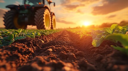 Agricultural landscape with tractor working in the field at sunset time, farm machinery during golden hour